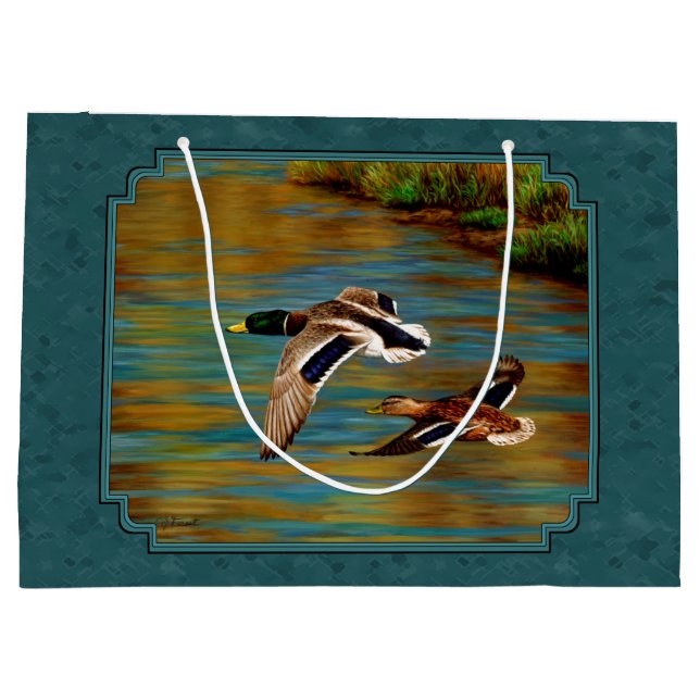 Mallard Ducks in Flight Teal Large Gift Bag (Back)