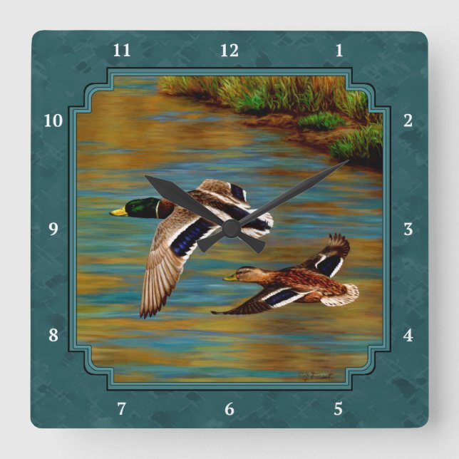 Mallard Ducks in Flight Teal Square Wall Clock (Front)