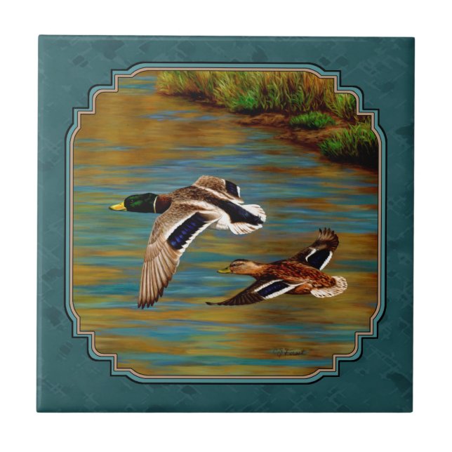 Mallard Ducks in Flight Teal Tile (Front)