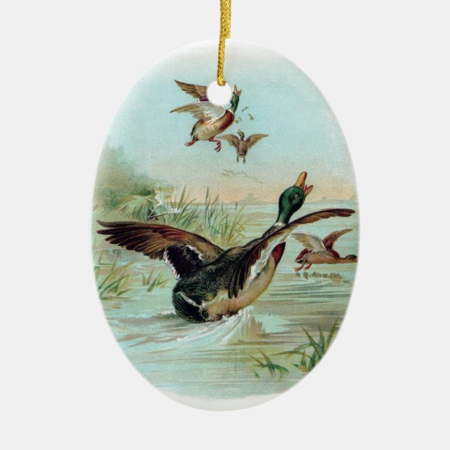 Mallard Making a Water Landing Ceramic Ornament (Front)