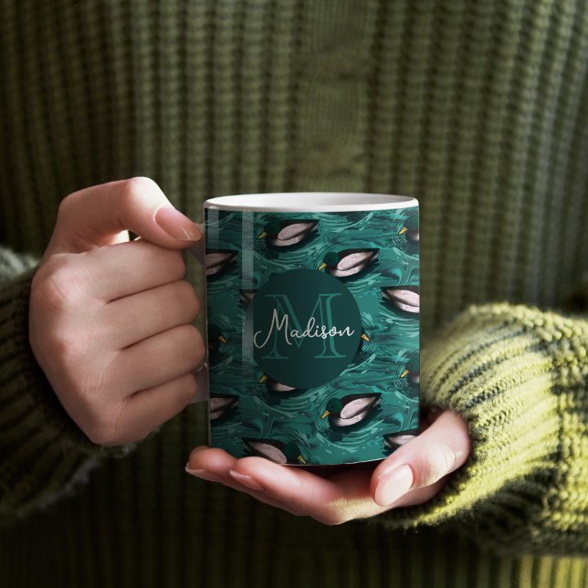 Mallards Swimming in the Water Pattern Coffee Mug (Mallards in the water mug with monogram)