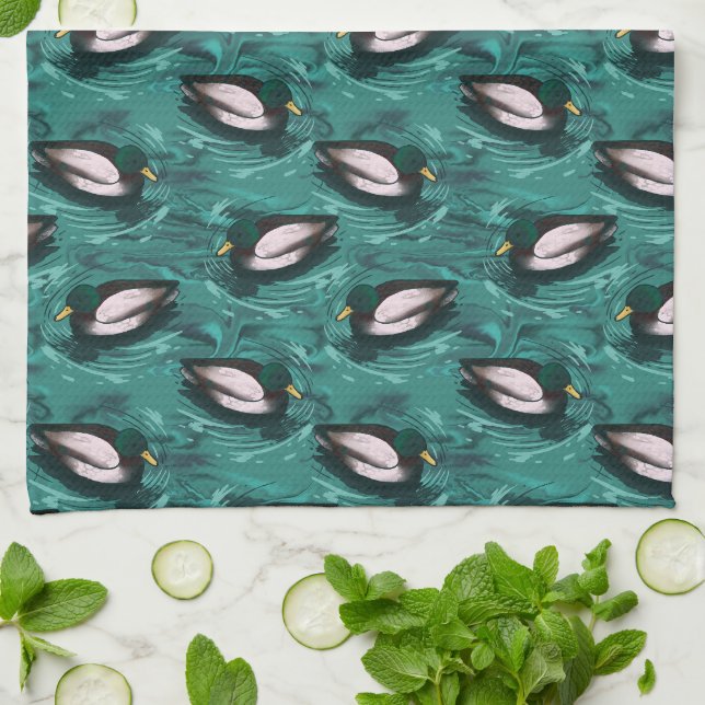 Mallards Swimming in the Water Pattern Tea Towel (Folded)