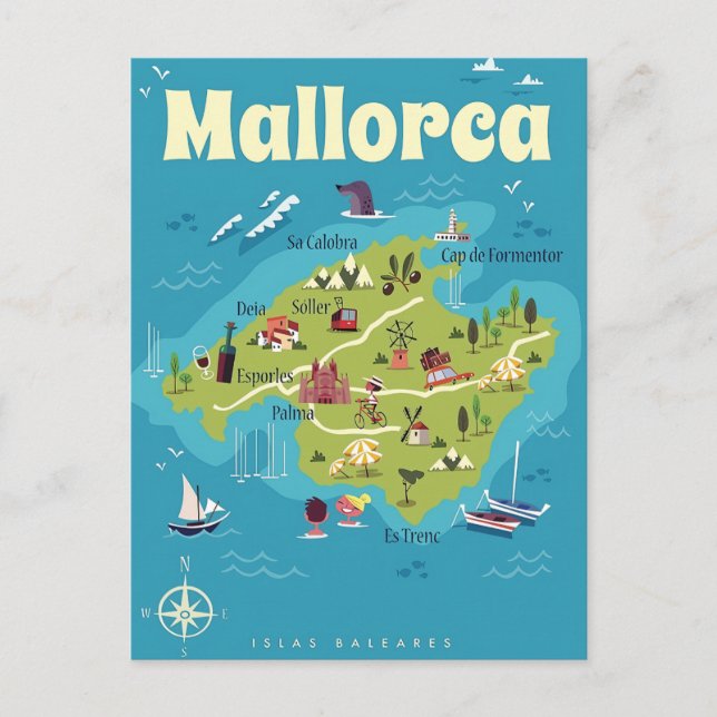 Mallorca  Illustrated Map Postcard (Front)