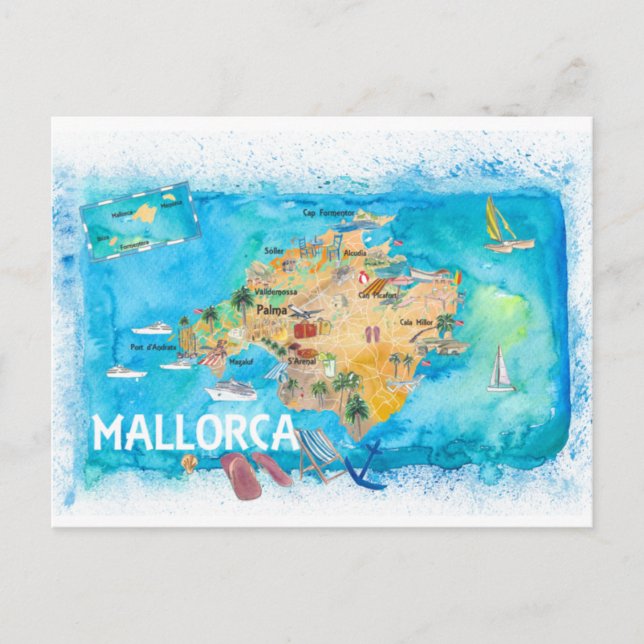 Mallorca Spain Illustrated Map with Landmarks  Postcard (Front)