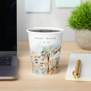 Mallorca Spain Watercolor Landscape Wedding Paper Cups