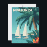 Mallorca vintage postcard<br><div class="desc">This vintage-style poster captures the serene beauty of Mallorca's coastline, where gentle waves meet golden beaches lined with swaying palm trees. Elegant sailing boats glide across the turquoise sea beneath a warm, sunlit sky. Rendered in soft retro colours and textures, the artwork evokes the charm of mid-century Mediterranean holidays —...</div>