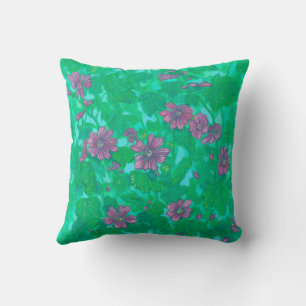 Mallow Bloom, Malva Flowers Summer Floral Painting Cushion