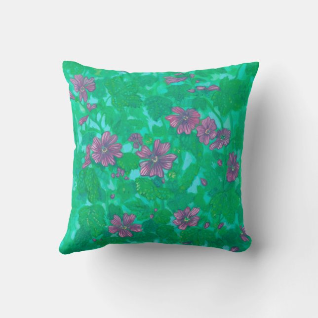 Mallow Bloom, Malva Flowers Summer Floral Painting Cushion (Back)