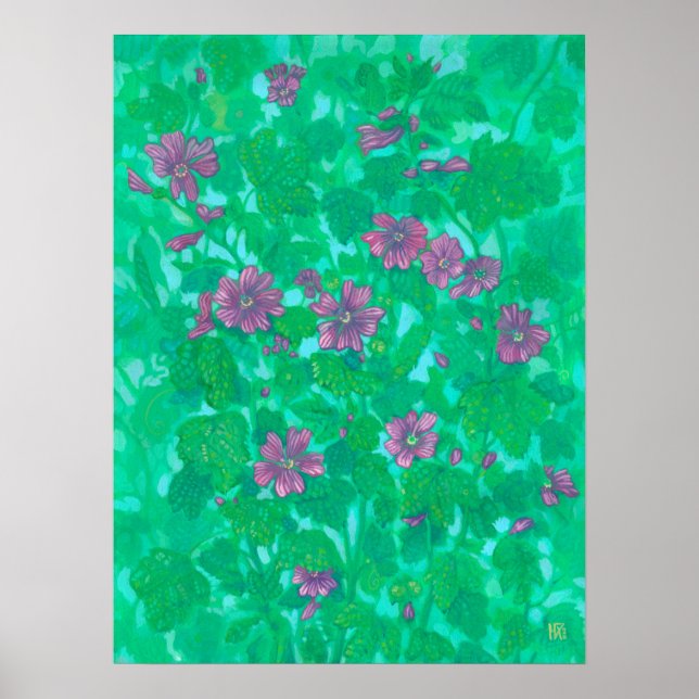 Mallow Bloom, Malva Flowers Summer Floral Painting Poster (Front)