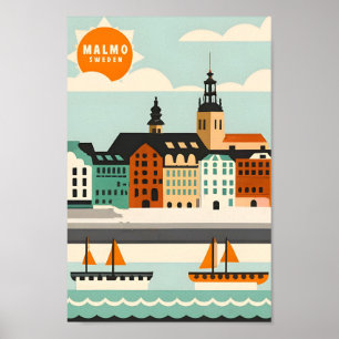 Malmo Sweden Art Vintage Travel Illustration Poster