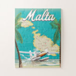 Malta beach & map travel poster jigsaw puzzle<br><div class="desc">Malta beach & map travel poster featuring a sea plane landing on a beach and a map of the island.</div>