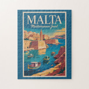 Malta Coast Illustration Travel Art Vintage Jigsaw Puzzle