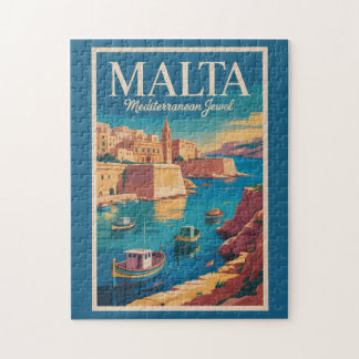 Malta Coast Illustration Travel Art Vintage Jigsaw Puzzle