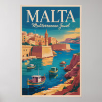 Malta Coast Illustration Travel Art Vintage