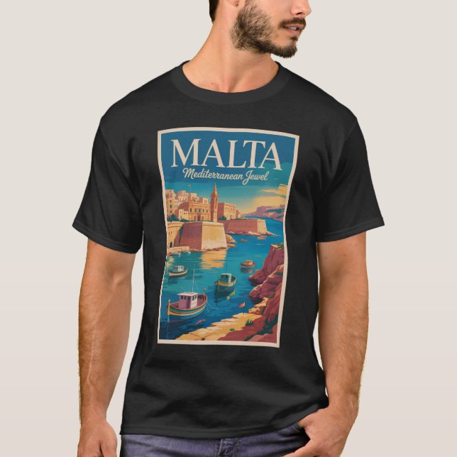 Malta Coast Illustration Travel Art Vintage T-Shirt (Front)