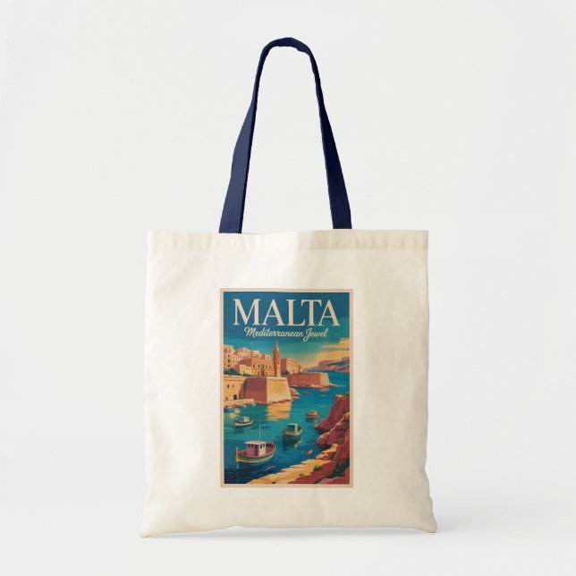 Malta Coast Illustration Travel Art Vintage Tote Bag (Front)
