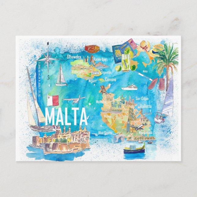 Malta Illustrated Island Travel Map with Roads  Postcard (Front)