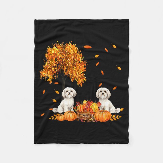 Maltese Autumn Leaf Fall Dog Lover Halloween Thank Fleece Blanket (Front)