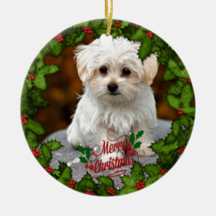Maltese Christmas Puppy  Ceramic Ornament