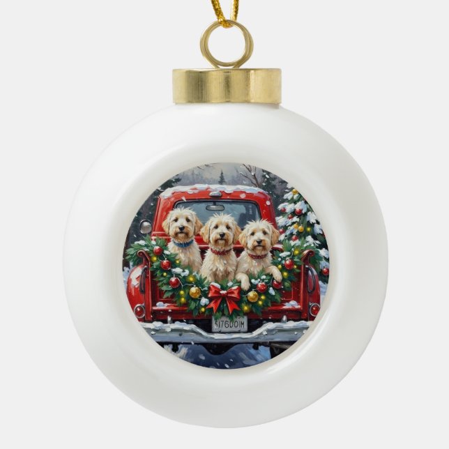 Maltese Christmas Red Truck Holiday Ceramic Ball Christmas Ornament (Front)