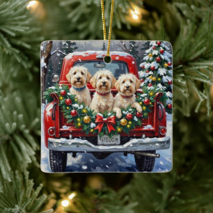 Maltese Christmas Red Truck Holiday Ceramic Ornament