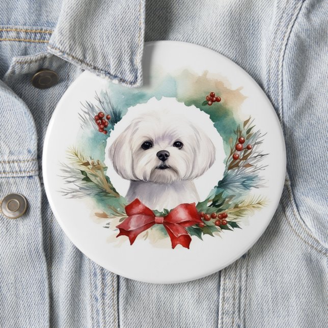 Maltese Christmas Wreath Festive Pup  6 Cm Round Badge (In Situ)