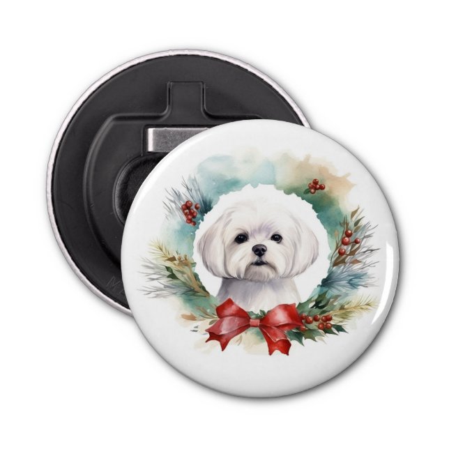 Maltese Christmas Wreath Festive Pup  Bottle Opener (Front)