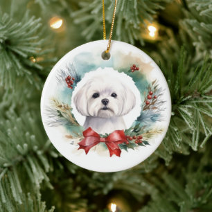Maltese Christmas Wreath Festive Pup  Ceramic Ornament