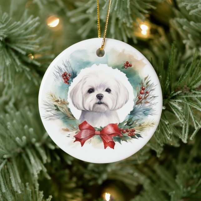 Maltese Christmas Wreath Festive Pup  Ceramic Ornament (Tree)