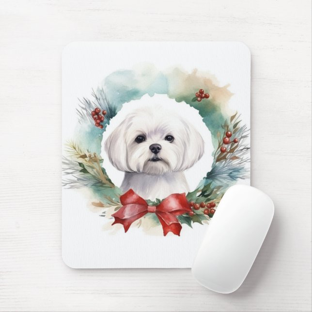 Maltese Christmas Wreath Festive Pup  Mouse Pad (With Mouse)