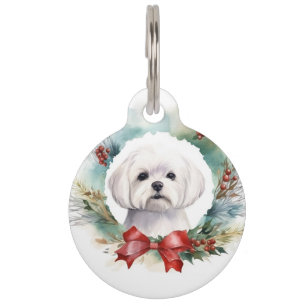 Maltese Christmas Wreath Festive Pup  Pet Tag