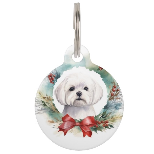 Maltese Christmas Wreath Festive Pup  Pet Tag (Front)