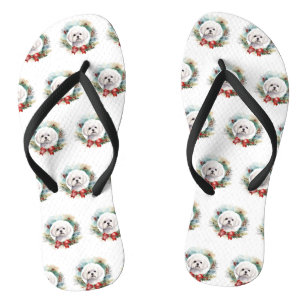 Maltese Christmas Wreath Festive Pup  Thongs