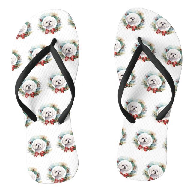 Maltese Christmas Wreath Festive Pup  Thongs (Footbed)