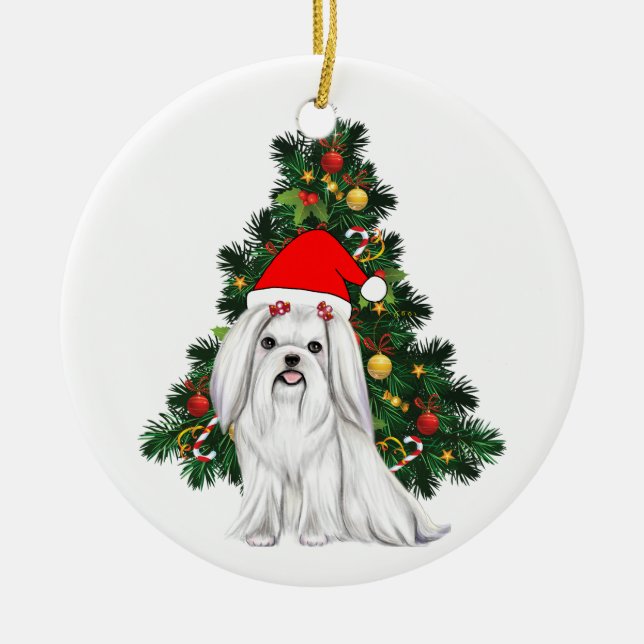 Maltese Christmas, Xmas Maltese Dog with Santa hat Ceramic Ornament (Front)