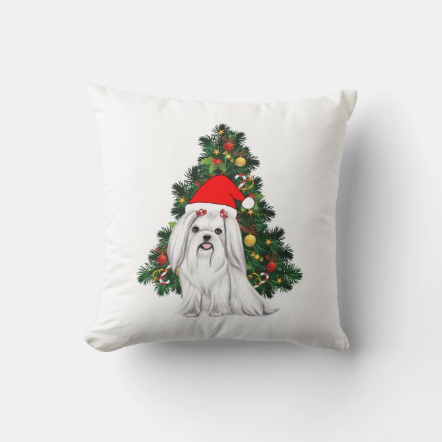 Maltese Christmas, Xmas Maltese Dog with Santa hat Cushion (Front)