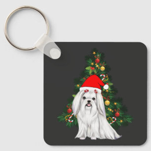 Maltese Christmas, Xmas Maltese Dog with Santa hat Key Ring