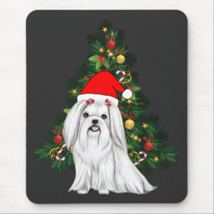 Maltese Christmas, Xmas Maltese Dog with Santa hat Mouse Pad