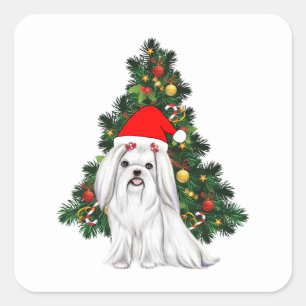 Maltese Christmas, Xmas Maltese Dog with Santa hat Square Sticker
