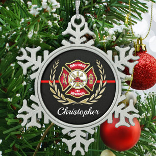 Maltese Cross Personalised Firefighter Snowflake Pewter Christmas Ornament