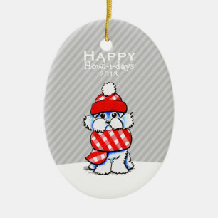 Maltese Cute Dog Christmas Grey Stripe Custom Ceramic Tree Decoration