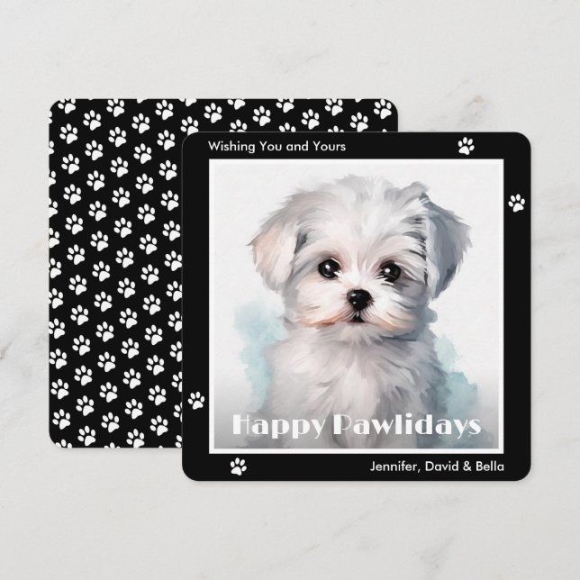 Maltese Dog Black Watercolor Christmas Holiday Card (Front/Back)