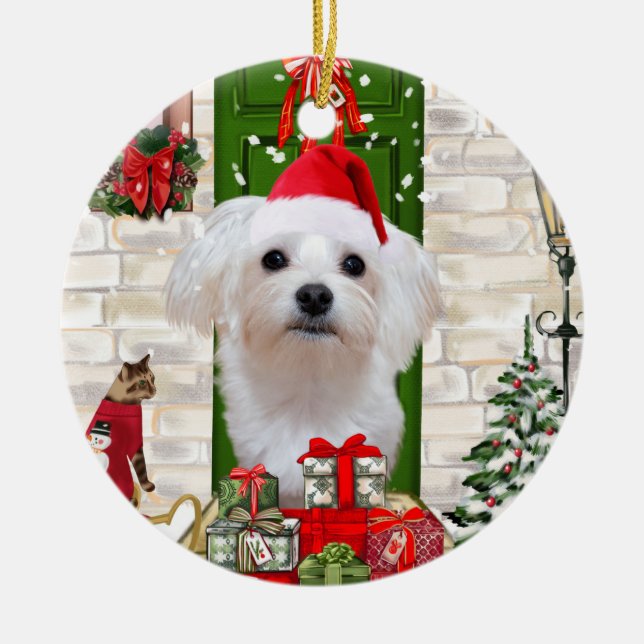 Maltese Dog Christmas  Ceramic Ornament (Front)