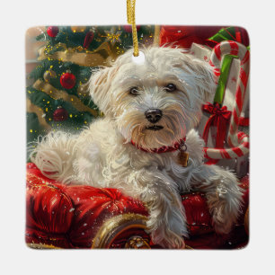Maltese Dog Christmas Festive Ceramic Ornament