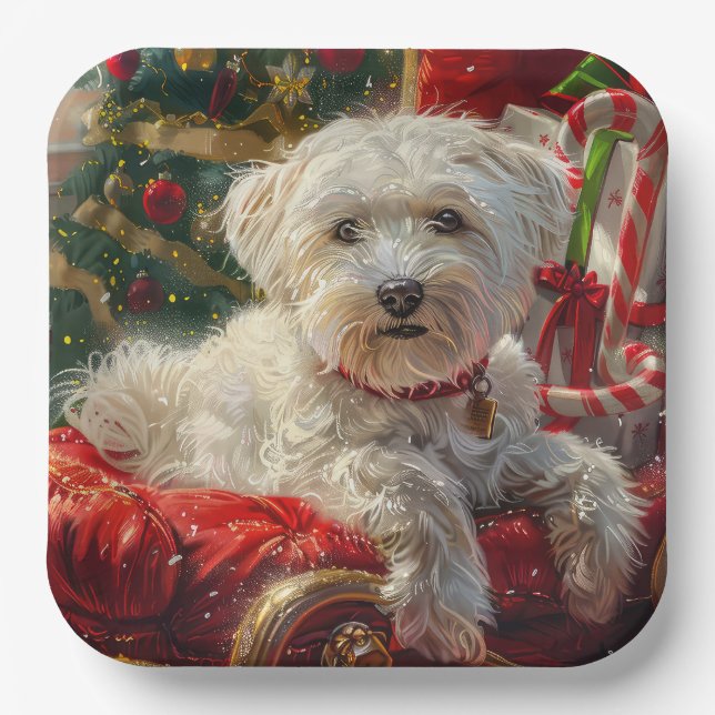 Maltese Dog Christmas Festive Paper Plate (Front)