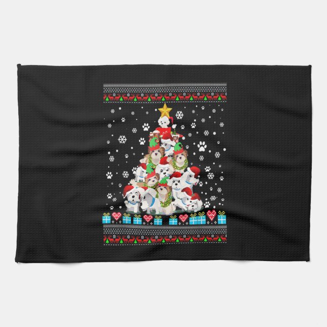 Maltese Dog Christmas Lights Ugly Christmas Sweate Tea Towel (Horizontal)