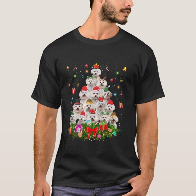 Maltese Dog Christmas Tree Lights Puppy Dog Lover T-Shirt (Front)