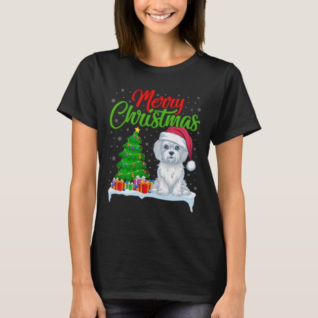 Maltese Dog Christmas Tree Lights Xmas Maltese Dog T-Shirt (Front)