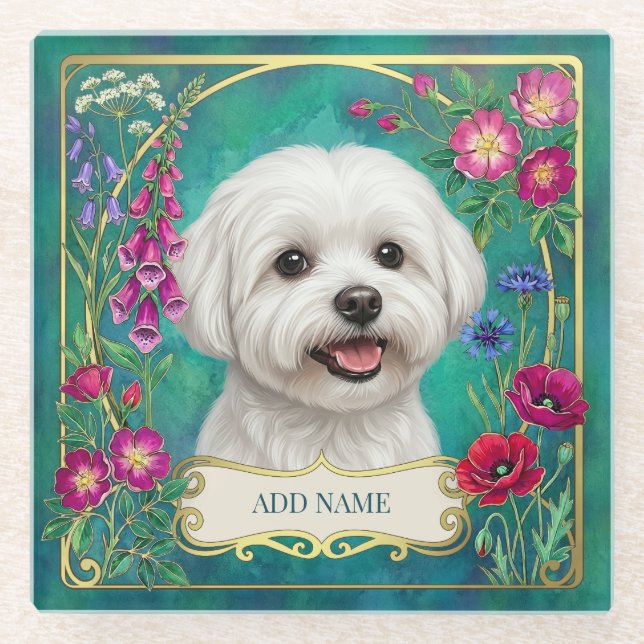 Maltese Dog Floral Botanical Glass Coaster (Front)