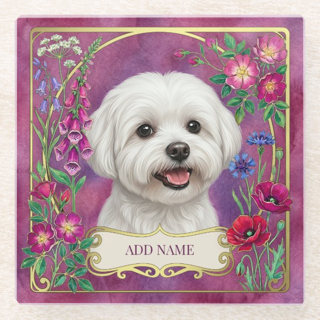 Maltese Dog Floral Botanical Glass Coaster (Front)